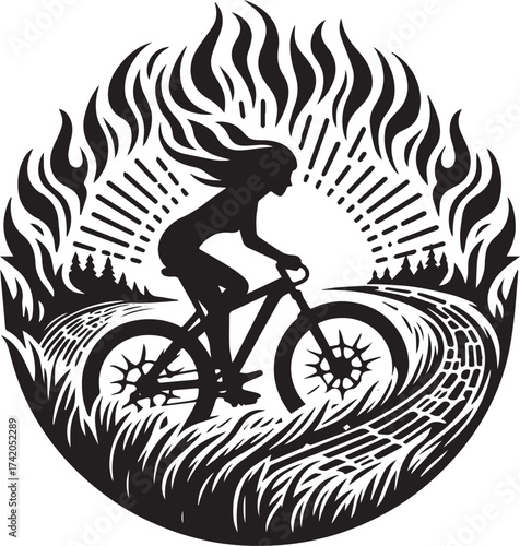 Silhouette of a woman riding a mountain bike in a stylized, fiery, outdoor environment