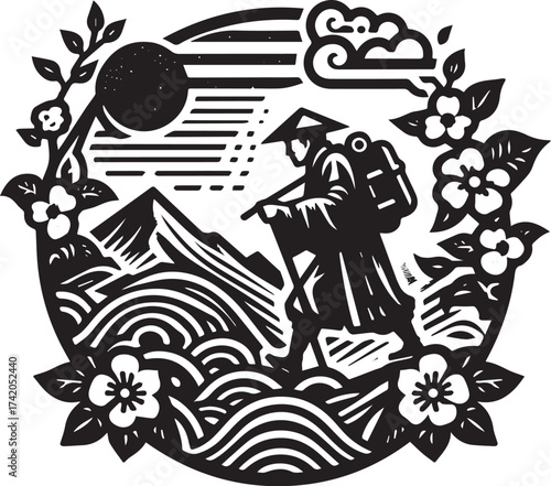 Intricate black and white illustration depicting a hiker traversing mountainous terrain with