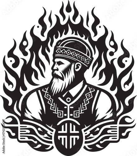 Intricate black and white illustration of a regal figure with a crown engulfed in flames
