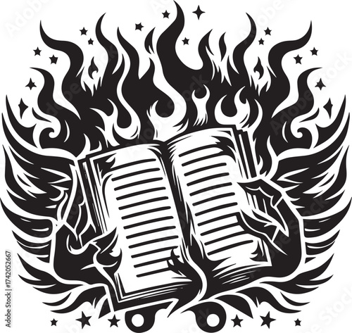 Mystical Grimoire: Burning Book with Wings and Flames in a Black and White Illustration