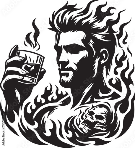 Vector illustration of a man holding a whiskey glass with a skull tattoo and fiery design