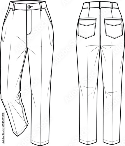 Tailored pants flat sketch, fashion CAD technical drawing, vector apparel template with waistband, belt loops, zipper fly, patch pockets, tapered hem illustration