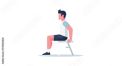 Man executing tricep dips, exercise for upper body strength, using a chair for support and core muscle engagement, promoting fitness habits for