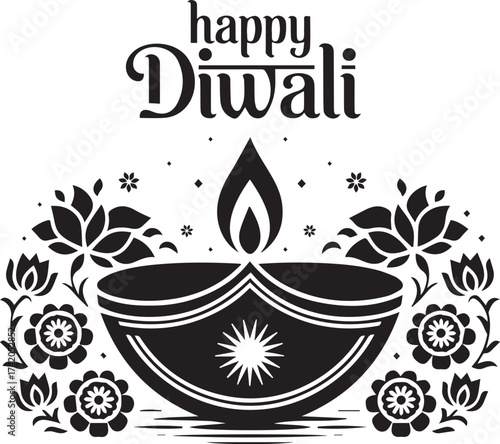 Elegant black and white illustration of a diya lamp for happy diwali celebrations