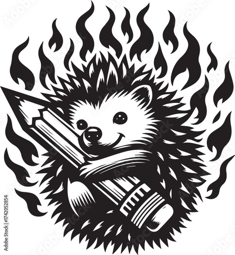 Creative hedgehog mascot holding a pencil surrounded by flames illustration in black and white