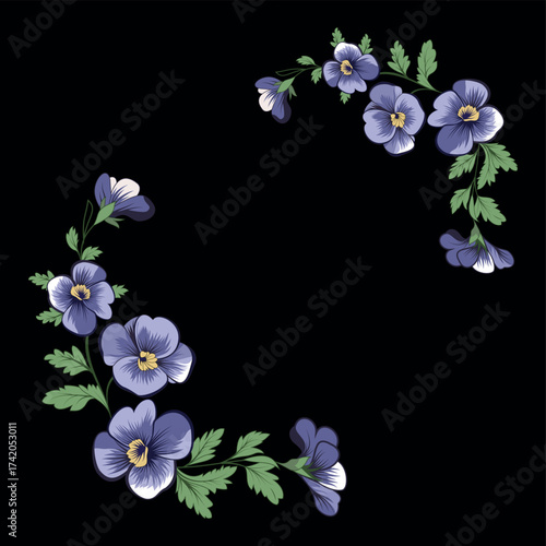 A frame composed of three vertically arranged flowers with delicate navy-to-indigo striped petals in pastel tones. A soft yellow center anchors each bloom, while the outer petals deepen in color.