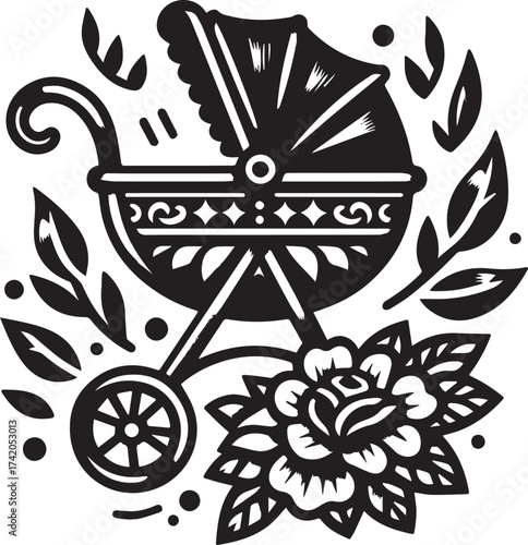 Artistic Black and White Illustration of a Baby Carriage with Floral and Botanical Elements