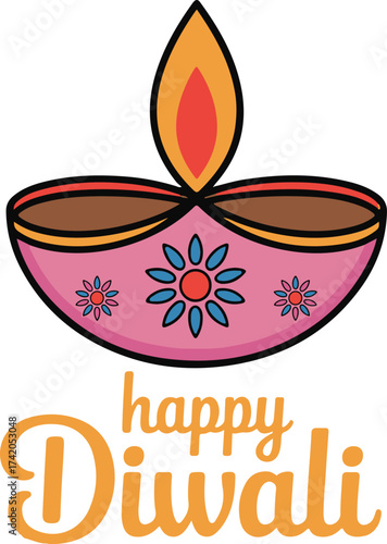 Hand drawn pink diya with flower decoration and happy diwali text