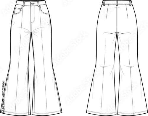 Flared pants flat sketch, fashion CAD technical drawing, vector apparel template with waistband, belt loops, zipper fly, front pockets, darts illustration
