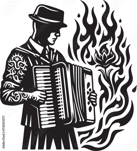 Silhouette of a musician playing accordion with stylized flames and a flower design element