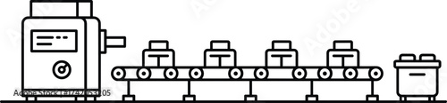 Manufacturing process illustration, conveyor belt system, industrial automation, packaging containers, production line graphic, black and white drawing, 