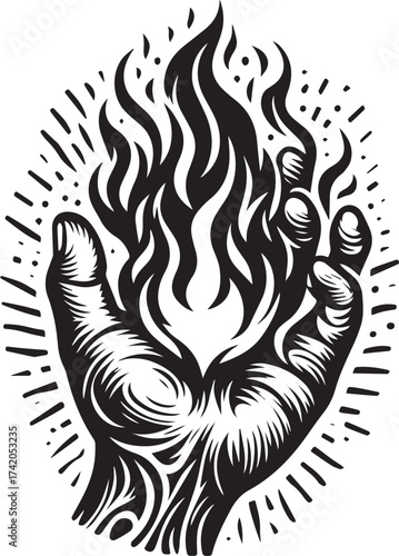 Symbolic Hand Holding Flames: Artistic Vector Illustration for Concepts of Power and Energy