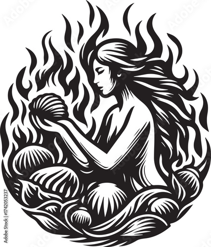 Artistic Illustration of a Woman Surrounded by Flames, Holding a Spherical Object