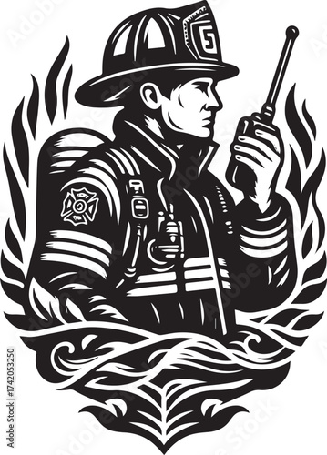 A Detailed Black and White Vector Illustration of a Firefighter Holding a Radio Amidst Flames