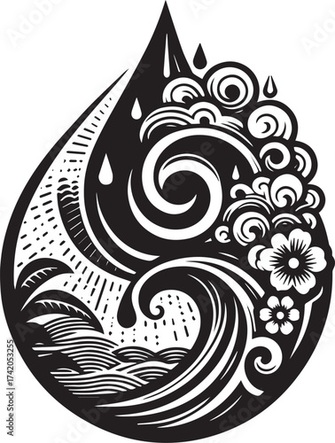 Artistic Black and White Illustration of Water Drop Containing Waves, Nature, and Swirls