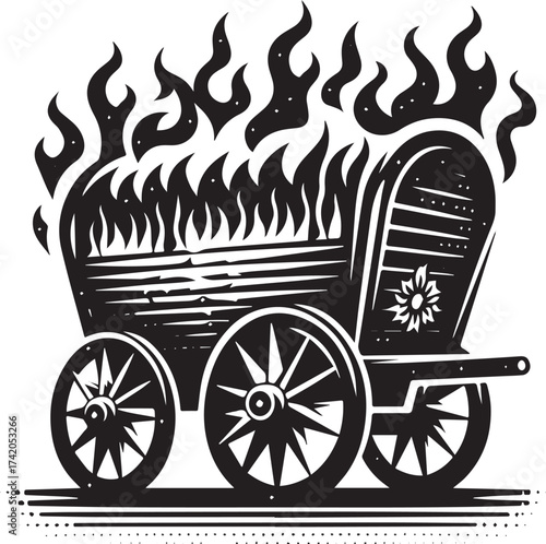 Illustration of a burning wagon, symbolic of destruction, chaos, and historical themes