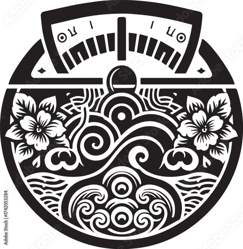 Intricate Black and White Illustration of an Artistic Weighing Scale with Floral Elements