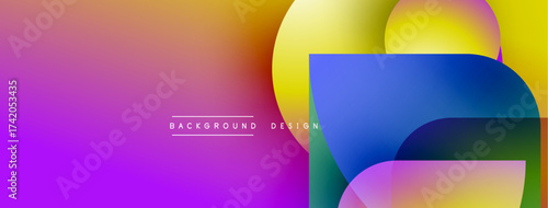 Vibrant gradient background features overlapping colorful shapes. Modern design elements create dynamic visual effect. Minimal text present.