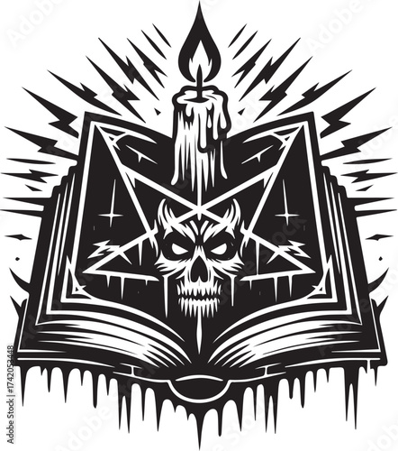 Intricate Black and White Illustration of a Grimoire, Skull, Pentagram, and Candle Symbol