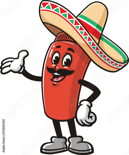 Cartoon mascot of a ketchup bottle wearing a sombrero hat