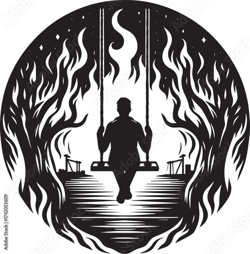 A silhouette of a person sitting on a swing with fire around them inside a circle design