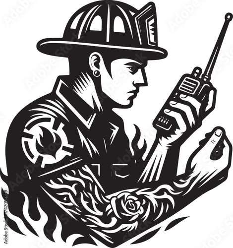 Black and white illustration of a firefighter holding a radio and looking serious
