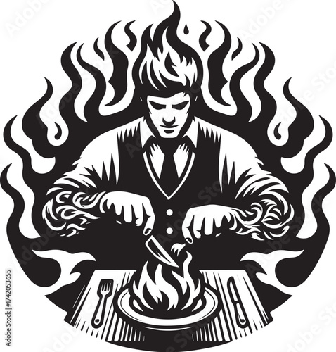 Intense Chef Cooks with Fire: A Culinary Logo Featuring Flames and a Dramatic Silhouette