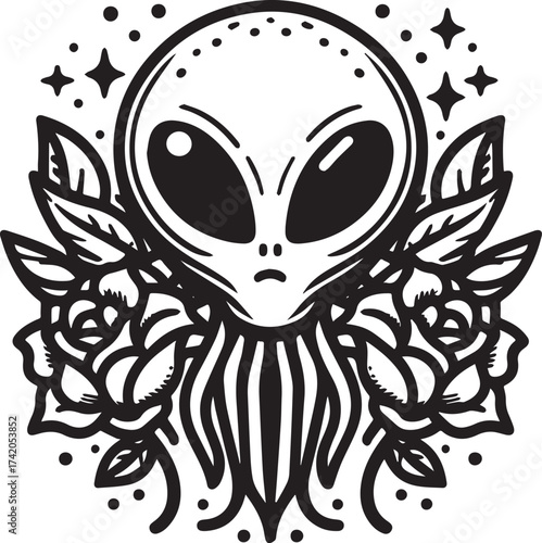 Black and white illustration of an alien head with floral elements and stars, a design