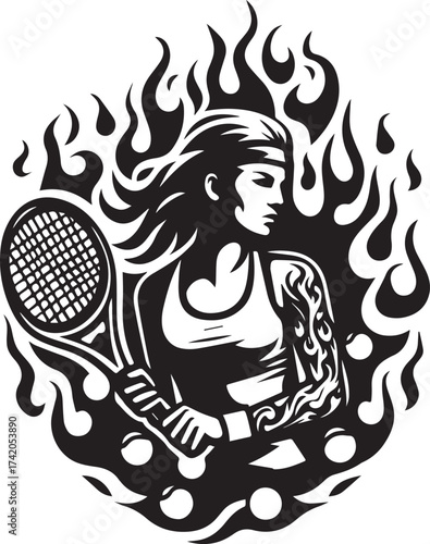 Fiery Tennis Player Silhouette with Racket and Flaming Design Black and White Illustration