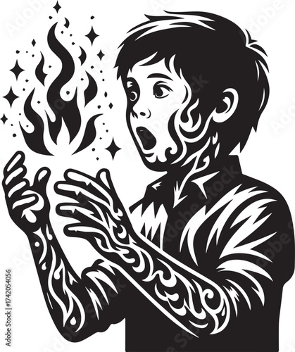 A young boy amazed by magical fire and stars illustration in a black and white style