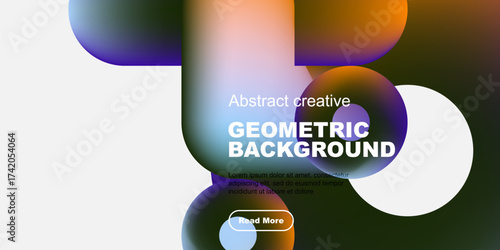 Abstract geometric shapes, vibrant colors, dark background. Text includes geometric background, plus sample text, button. Modern design.