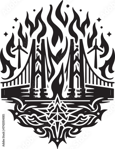 Symbolic Black and White Illustration of a Bridge with Flames and Wind Turbines Surrounded by