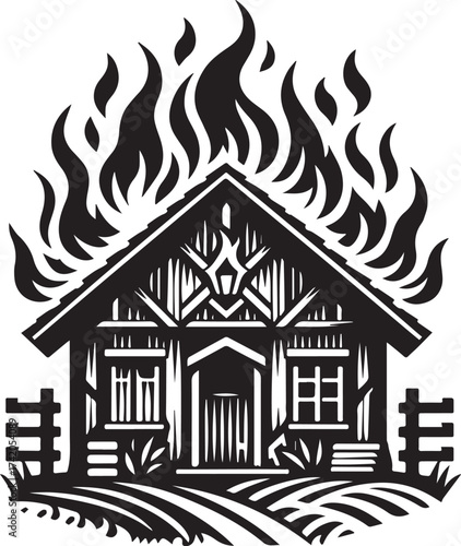 Dramatic Illustration of a House Engulfed in Flames, Representing Destruction and Loss