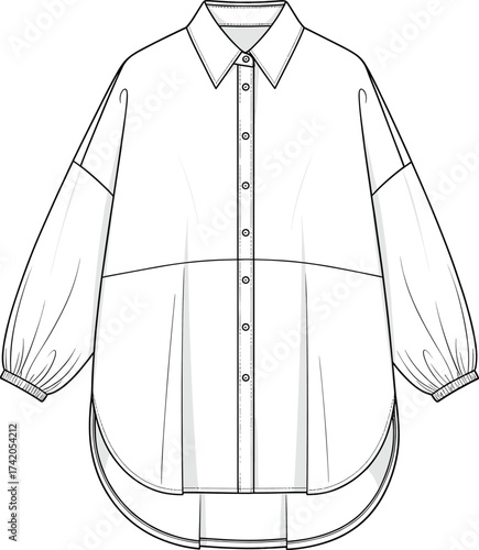 Oversized shirt flat sketch, fashion CAD technical drawing, vector apparel template with collar, button placket, dropped shoulder, curved hemline illustration