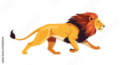 Illustrated lion in mid-stride showcasing strong features with vibrant color palette and geometric style