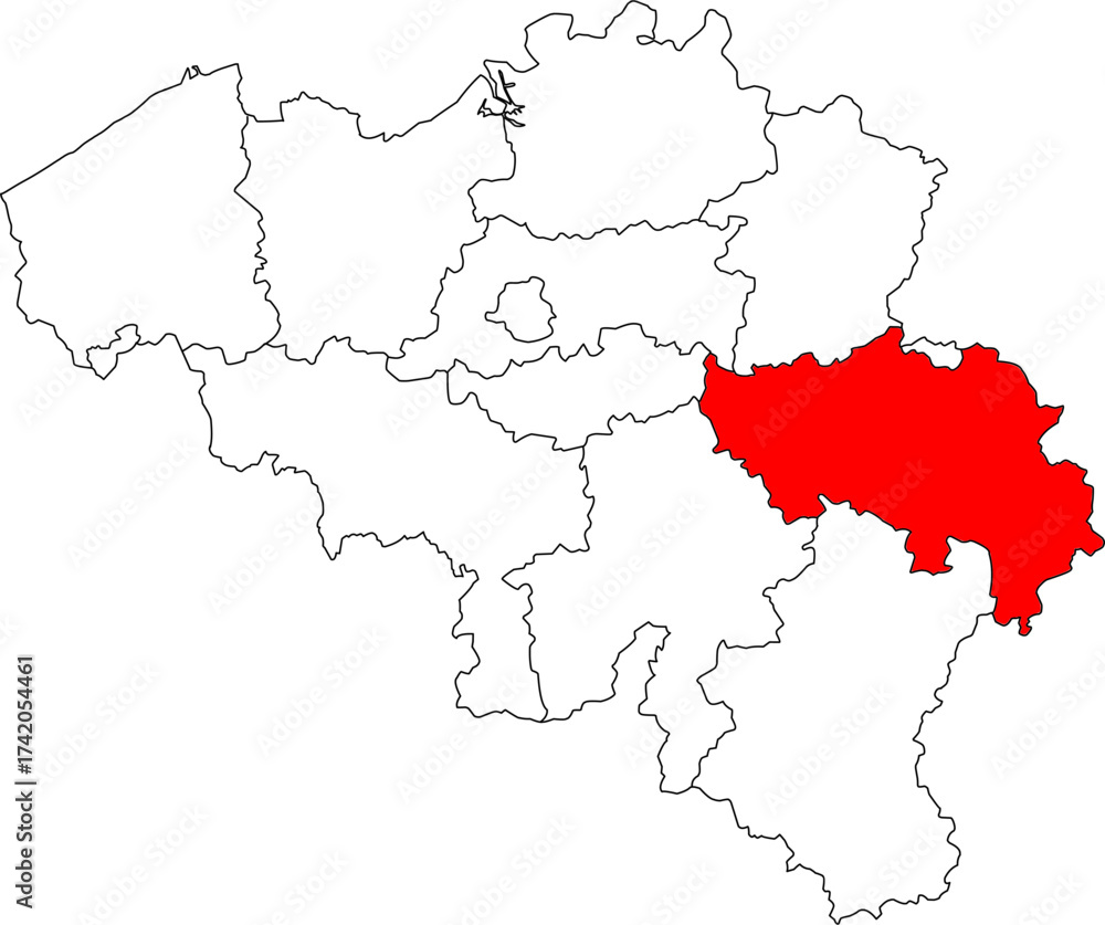 Fototapeta premium Detailed vector map of Belgium highlighting Liège Province, the eastern industrial region bordering Germany and the Netherlands, featuring the Ardennes hills.
