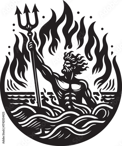 Illustration of Poseidon with Trident Surrounded by Flames and Waves, Vector Art