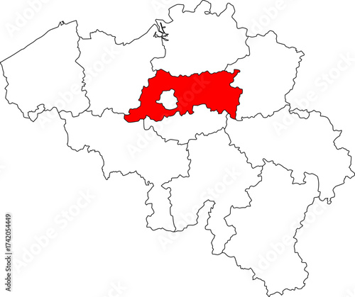 Detailed vector map of Belgium highlighting Flemish Brabant, the wealthy central province surrounding Brussels and containing the university city of Leuven.

