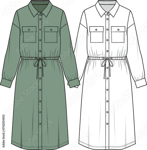 Long sleeve shirt dress flat sketch, fashion CAD technical drawing, vector apparel template with collar, pockets, drawstring waist, cuffs illustration