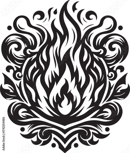 Intricate Black and White Fire Emblem Design with Ornamental Flourishes and Decorative Elements