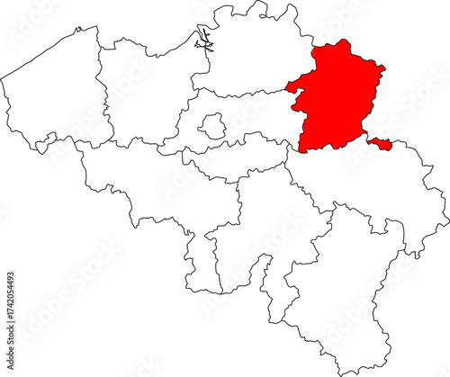 Detailed vector map of Belgium highlighting Limburg Province, the northeastern Flemish region known for its cycling tourism and historical coal mining.

