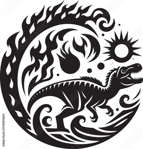Creative black and white dinosaur illustration within a circular design with fire elements