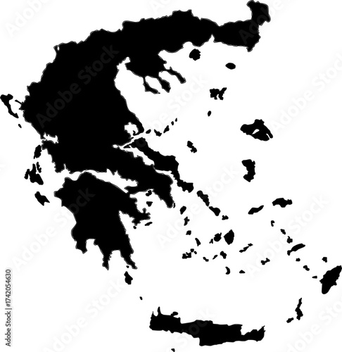 Detailed black vector silhouette map of the Hellenic Republic (Greece), isolated on a neutral background, with no internal administrative borders.

