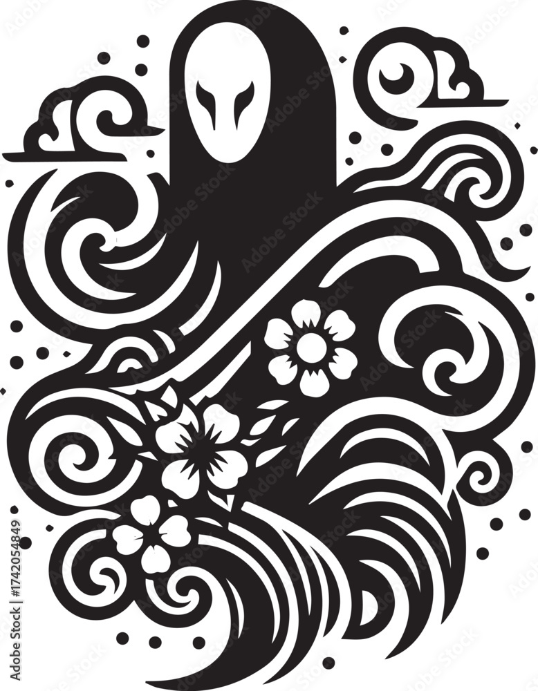 Fototapeta premium Mystical Black and White Illustration Featuring a Figure, Flowers, and Swirling Elements