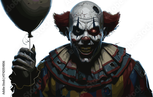 Sinister clown illustration, horror character design, glowing red eye, black balloon, creepy costume, sharp teeth, Halloween monster, fear, menace, nightmare