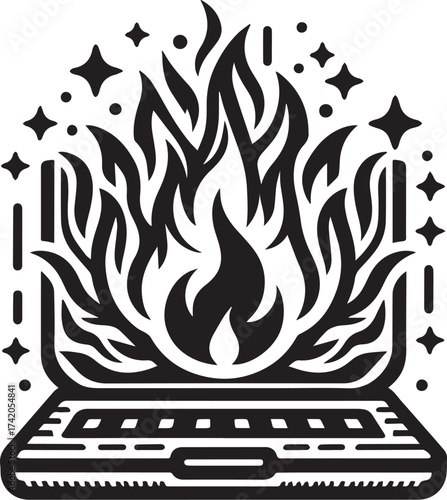 Illustration of a burning laptop with flames and stars representing overheating or technical issues
