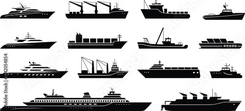 Ship and boat silhouette collection, cargo vessel, fishing boat, luxury yacht, passenger ferry, military ship, maritime transport, black icon set, nautical graphic, fleet