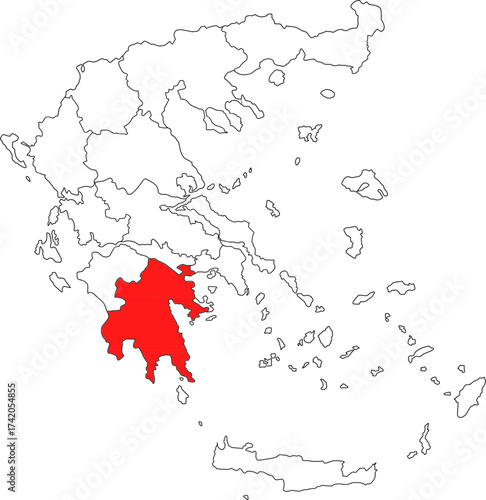 Detailed vector map of Greece highlighting Peloponnese (Peloponnisos), the southern peninsula region famous for key historical sites like Sparta and Mycenae.

