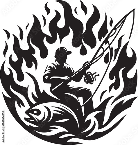 A dramatic black and white illustration of a fisherman catching a fish in flames