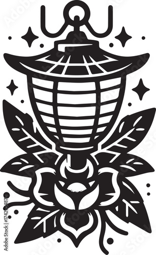 Black and White Illustration of a Traditional Japanese Lantern with Floral Elements and Stars